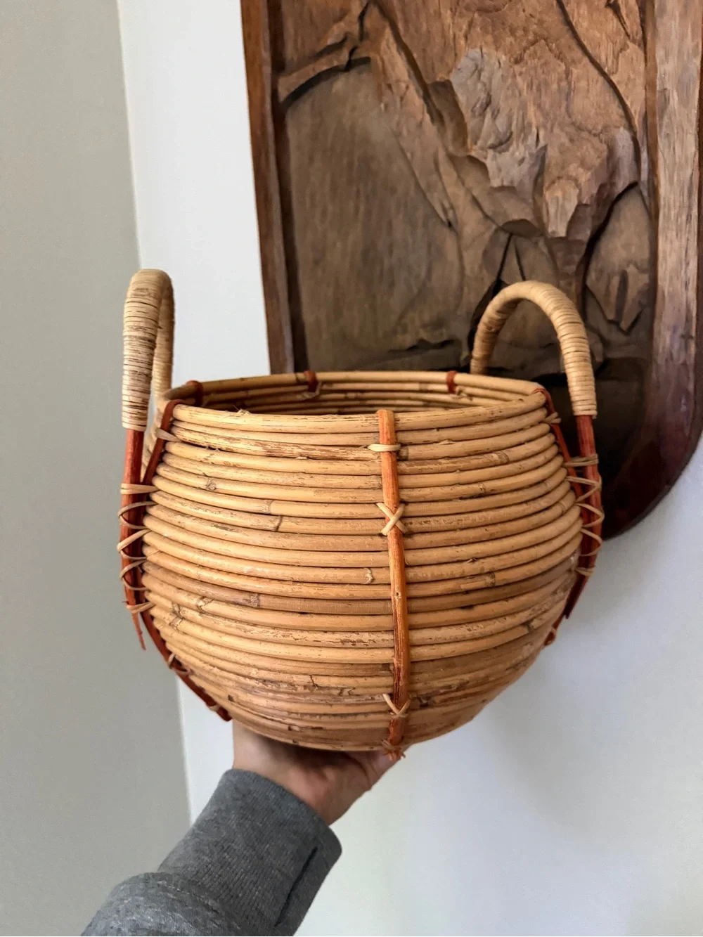Vintage Rattan Coil Basket Double Handle Boho